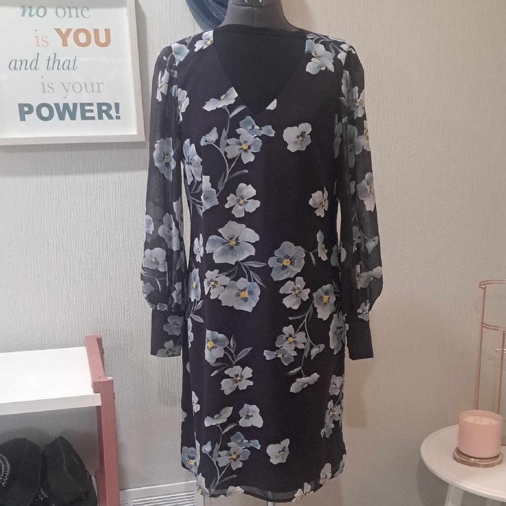 CAbi Purple and White Floral Dress With Long Sheer Sleeves